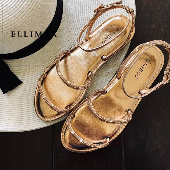 BAMBOO Shoes - NEW🔥 Rose Gold Diamante Rhinestone Flat Gladiator Sandals Ankle Strap Open Toe